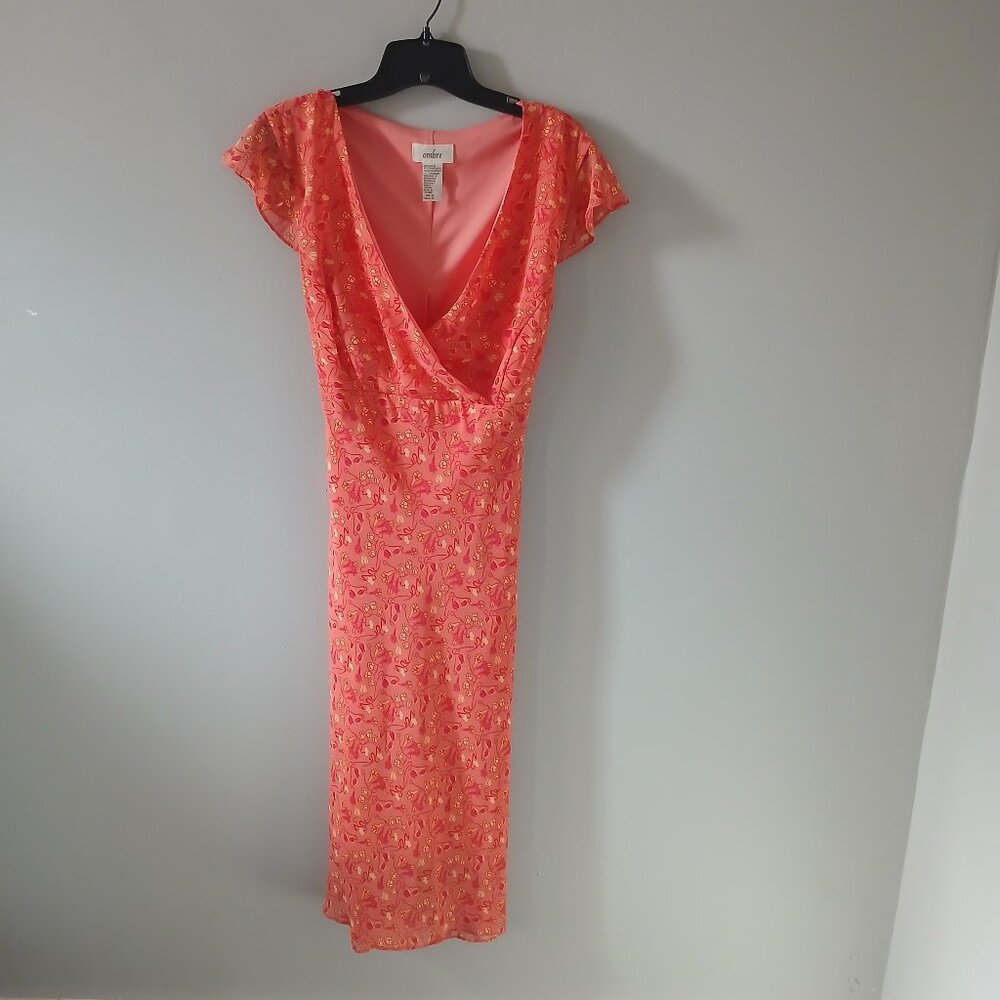 Ombre Womens Floral Ruffle Midi Dress Orange Short Sleeve Vneck Tie back Size 16